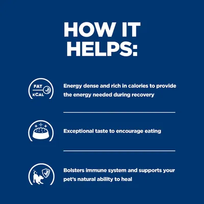 How it helps: energy dense and rich in calories for recovery, exceptional taste to encourage eating, bolsters immune system and supports natural healing ability.