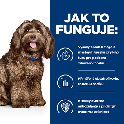 Text v češtine: Jak to funguje. Vysoký obsah Omega-3 mastných kyselin z rybieho tuku pre podporu zdravého mozgu, primeraný obsah bielkovín, fosforu a sodíka, klinicky overené antioxidanty s ovocím a zeleninou.