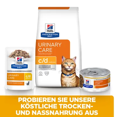 Hill's Prescription Diet Urinary Care c/d multicare pour chat, sachet, sac et boîte visibles. Texte en allemand : Probieren Sie unsere köstliche Trocken- und Nassnahrung aus.
