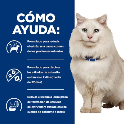 CÓMO AYUDA: Formulado para reducir el estrés, disolver cálculos de estruvita en 7 días y reducir el riesgo de formación de cálculos de estruvita y oxalato cálcico con consumo diario.