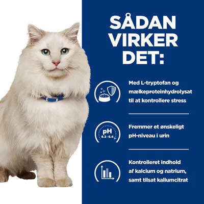 SÅDAN VIRKER DET: Med L-tryptofan og mælkeproteinhydrolysat til at kontrollere stress. Fremmer et ønskeligt pH-niveau i urin 6,2–6,4. Kontrolleret indhold af calcium, natrium og kaliumcitrat.