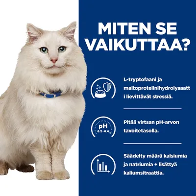 Teksti: MITEN SE VAIKUTTAA? L-tryptofaani ja maitoproteiinihydrolysaatti lievittävät stressiä. Pitää virtsan pH-arvon 6,2–6,4. Säädelty kalsiumin ja natriumin määrä, lisätty kaliumsitraattia.