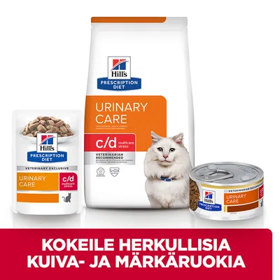 Hill's Prescription Diet Urinary Care c/d multicare stress -kuiva- ja märkäruokia kissoille, pakkaukset ja valkoinen kissa. Teksti: Kokeile herkullisia kuiva- ja märkäruokia.