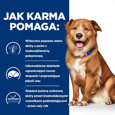 Jak karma pomaga: widoczna poprawa stanu skóry u psów z nadwrażliwością pokarmową, ogranicza nocne drapanie i poprawia sen, wspiera barierę ochronną skóry przez cały rok.