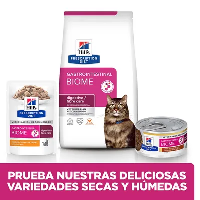 Hill's Prescription Diet Gastrointestinal Biome para gatos, variedades seca y húmeda. Texto: Prueba nuestras deliciosas variedades secas y húmedas.
