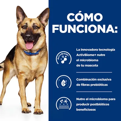 Texto: Cómo funciona. La innovadora tecnología ActivBiome+ nutre el microbioma de tu mascota. Combinación exclusiva de fibras prebióticas. Nutre el microbioma para producir postbióticos beneficiosos.