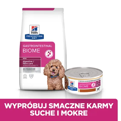 Hill's Prescription Diet Gastrointestinal Biome Mini digestive/fibre care karma sucha i mokra dla psów. Wypróbuj smaczne karmy suche i mokre. Widoczny pies rasy pudel.