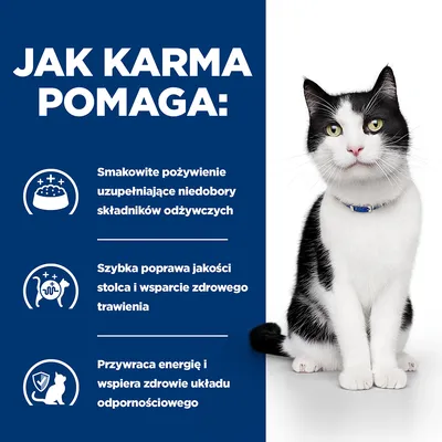 Jak karma pomaga: Smakowite pożywienie uzupełniające niedobory składników odżywczych, szybka poprawa jakości stolca i wsparcie trawienia, wspiera zdrowie układu odpornościowego.