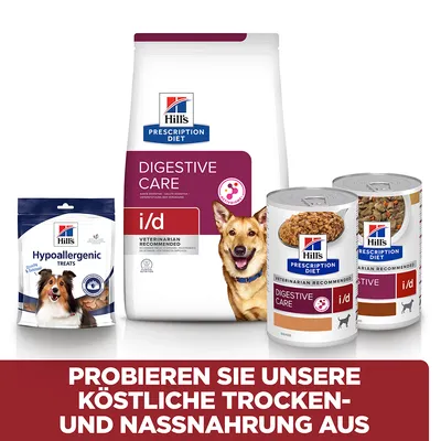 Hill's Prescription Diet Digestive Care i/d Trocken- und Nassnahrung sowie hypoallergene Leckerlis. Text: Probieren Sie unsere köstliche Trocken- und Nassnahrung aus.