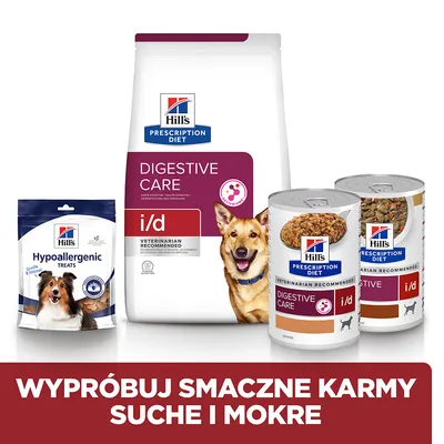 Hills Prescription Diet Digestive Care i/d dla psów: karma sucha, mokra oraz przysmaki Hypoallergenic Treats. Napis: Wypróbuj smaczne karmy suche i mokre.