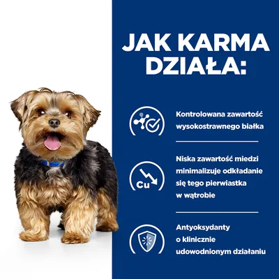 Jak karma działa: kontrolowana zawartość wysokostrawnego białka, niska zawartość miedzi minimalizuje odkładanie się w wątrobie, antyoksydanty o klinicznie udowodnionym działaniu.