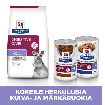 Hill's Prescription Diet Digestive Care i/d low fat -koiranruokaa: yksi kuivaruokapakkaus ja kaksi märkäruokapurkkia. Teksti: Kokeile herkullisia kuiva- ja märkäruokia.