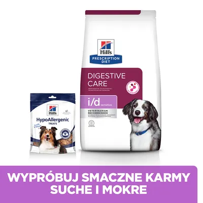 Hill's Prescription Diet Digestive Care i/d sensitive oraz Hill's HypoAllergenic Treats dla psów. Widoczny napis: Wypróbuj smaczne karmy suche i mokre.