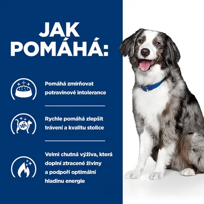 Text v češtine: Jak pomáhá: Pomáhá zmírňovat potravinové intolerance, Rychle pomáhá zlepšit trávení a kvalitu stolice, Velmi chutná výživa, která doplní ztracené živiny a podpoří energiu.