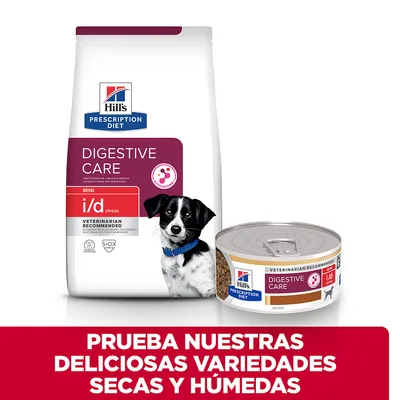 Hill's Prescription Diet Digestive Care i/d stress MINI para perros, saco y lata. Texto: Prueba nuestras deliciosas variedades secas y húmedas.