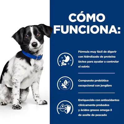 Cómo funciona: fórmula fácil de digerir con hidrolizado de proteína láctea, compuesto prebiótico con jengibre y antioxidantes más omega-3 de aceite de pescado. Texto en español.