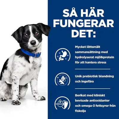 Så här fungerar det: Mycket lättsmält sammansättning med hydrolyserat mjölkprotein för att hantera stress. Unik prebiotisk blandning och ingefära. Berikat med antioxidanter och omega-3.