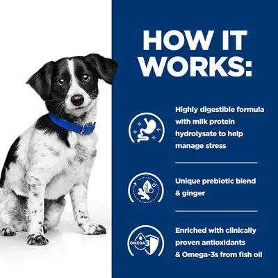 How it works: highly digestible formula with milk protein hydrolysate to help manage stress, unique prebiotic blend and ginger, enriched with antioxidants and Omega-3s from fish oil.