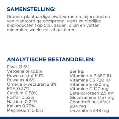 Samenstelling: granen, plantaardige eiwitextracten, kip 5%, zaden, oliën, vetten, mineralen, week- en schaaldieren. Analytische bestanddelen: eiwit 21,5%, vet 12,8%, vezel 9,1%.