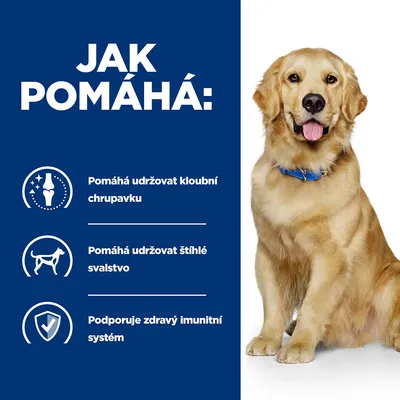 Jak pomáhá: Pomáhá udržovat kloubní chrupavku, pomáhá udržovat štíhlé svalstvo, podporuje zdravý imunitní systém. Vedle textu sedí pes s modrým obojkem.