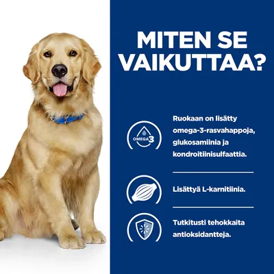 Teksti: MITEN SE VAIKUTTAA? Ruokaan on lisätty omega-3-rasvahappoja, glukosamiinia ja kondroitiinisulfaattia. Lisättyä L-karnitiinia. Tutkitusti tehokkaita antioksidantteja.