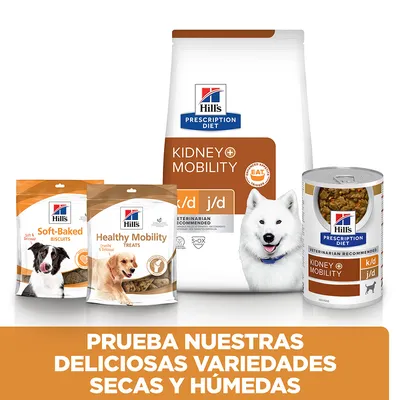 Variedades de Hill's Prescription Diet Kidney + Mobility: pienso, lata húmeda, Soft-Baked Biscuits y Healthy Mobility Treats. Texto: Prueba nuestras deliciosas variedades secas y húmedas.