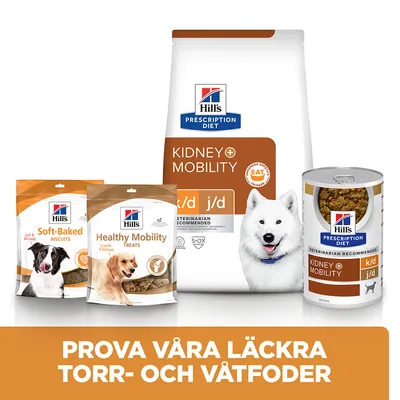 Hill's Prescription Diet Kidney + Mobility k/d j/d torrfoder, våtfoder och godbitar för hund. Text: Prova våra läckra torr- och våtfoder.