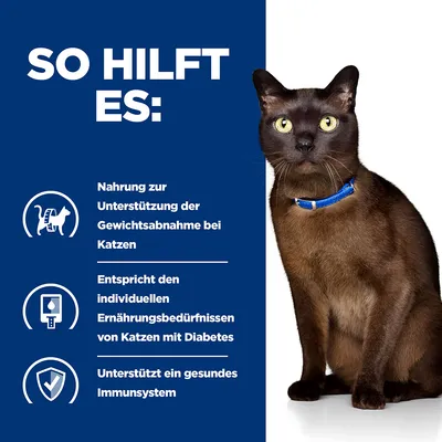 So hilft es: Nahrung zur Unterstützung der Gewichtsabnahme bei Katzen, entspricht den Ernährungsbedürfnissen von Katzen mit Diabetes, unterstützt ein gesundes Immunsystem.
