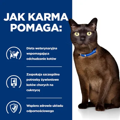 Jak karma pomaga: dieta weterynaryjna wspomagająca odchudzanie kotów, zaspokaja potrzeby żywieniowe kotów chorych na cukrzycę, wspiera zdrowie układu odpornościowego.