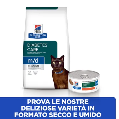 Hill's Prescription Diet Diabetes Care m/d per gatti, confezione secca e lattina umida. Testo: Prova le nostre deliziose varietà in formato secco e umido.