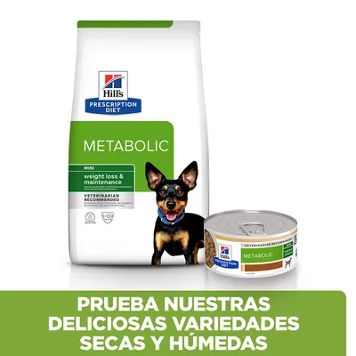 Hill's Prescription Diet Metabolic MINI weight loss & maintenance, pienso y lata húmeda para perros. Texto: Prueba nuestras deliciosas variedades secas y húmedas.