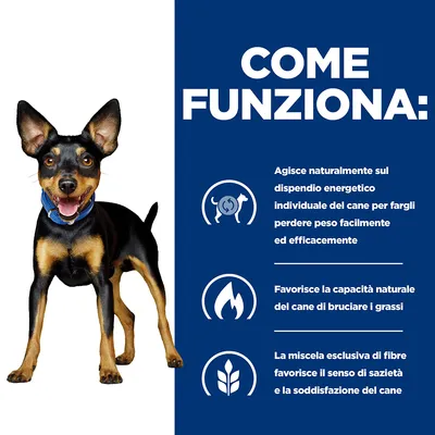 COME FUNZIONA: Agisce naturalmente sul dispendio energetico individuale del cane, favorisce la capacità di bruciare i grassi e il senso di sazietà grazie a una miscela esclusiva di fibre.