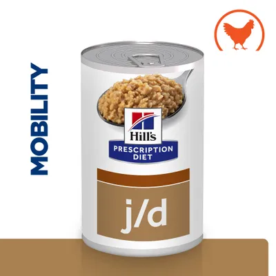 Hill's Prescription Diet j/d konzerva, natpis MOBILITY, slika hrane na žlici, narančasta ikona kokoši u kutu Hill's Prescription Diet j/d konzerva, natpis MOBILITY, slika hrane na žlici, narančasta ikona kokoši u kutu