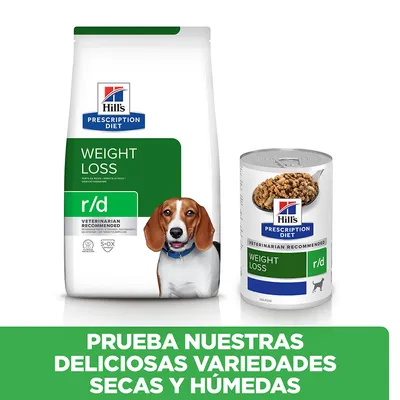 Hill's Prescription Diet Weight Loss r/d, pienso y lata húmeda. Texto: Prueba nuestras deliciosas variedades secas y húmedas. VETERINARIAN RECOMMENDED visible en ambos envases.