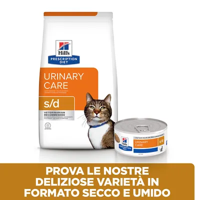 Hill's Prescription Diet Urinary Care s/d per gatti, confezione secca e lattina umida. Testo: Prova le nostre deliziose varietà in formato secco e umido.