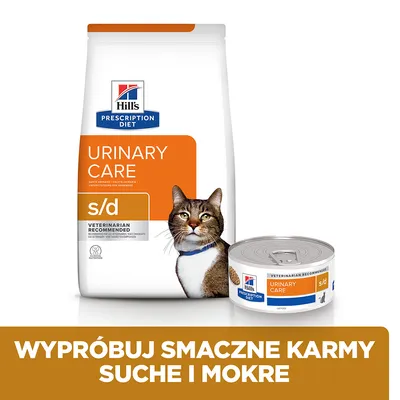 Hill's Prescription Diet Urinary Care s/d dla kotów, opakowanie suchej karmy i puszka mokrej. Napis: Wypróbuj smaczne karmy suche i mokre.
