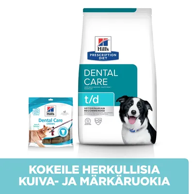 Hill's Prescription Diet Dental Care t/d -kuivaruoka ja Dental Care Chews -herkut koirille. Teksti: Kokeile herkullisia kuiva- ja märkäruokia.