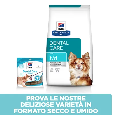 Hill's Prescription Diet Dental Care Mini t/d e Dental Care Chews per cani. Testo: Prova le nostre deliziose varietà in formato secco e umido.