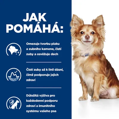 Text v češtine: Jak pomáhá – omezuje tvorbu plaku a zubního kamene, čistí zuby a osvěžuje dech, podporuje zdraví ďasien, dôležitá výživa pre imunitný systém psa. Vedľa sedí pes.