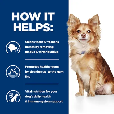 Angol nyelvű szöveg: How it helps: Cleans teeth & freshens breath by removing plaque & tartar buildup. Promotes healthy gums by cleaning up to the gum line. Vital nutrition for your dog's daily health & immune system support.