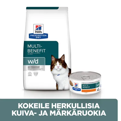 Hill's Prescription Diet Multi-Benefit w/d kissanruokapakkaus ja märkäruokapurkki. Teksti: Kokeile herkullisia kuiva- ja märkäruokia.
