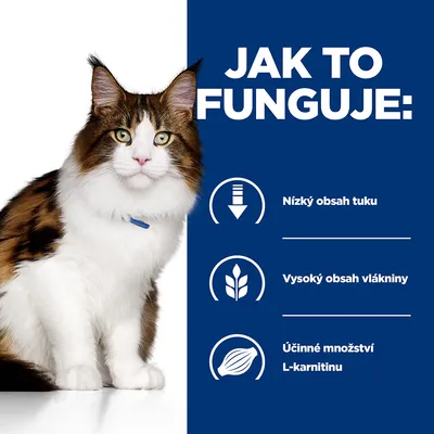 Jak to funguje: Nízký obsah tuku, Vysoký obsah vlákniny, Účinné množství L-karnitinu. Vedle textu je kočka.