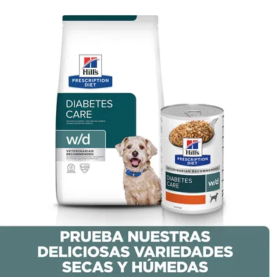 Hill's Prescription Diet Diabetes Care w/d, pienso seco y comida húmeda en lata. Texto: Prueba nuestras deliciosas variedades secas y húmedas.