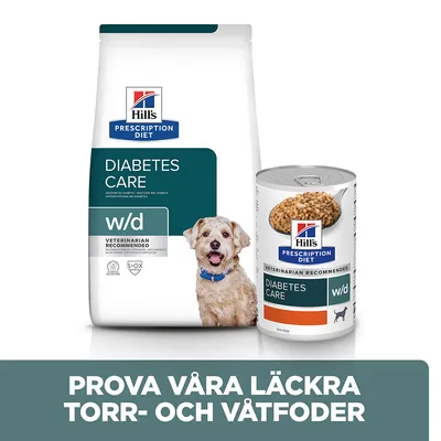 Hill's Prescription Diet Diabetes Care w/d torrfoderpåse och våtfoderdosa med texten 'Prova våra läckra torr- och våtfoder' nedtill.