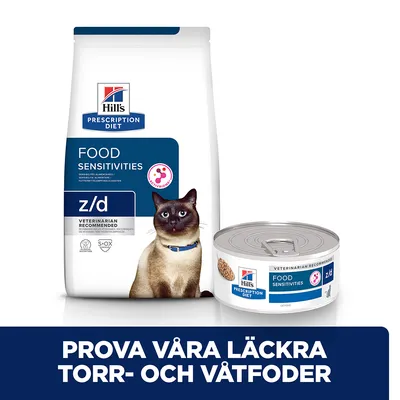 Hill's Prescription Diet Food Sensitivities z/d torrfoderpåse och våtfoderburk för katt. Text: Prova våra läckra torr- och våtfoder.