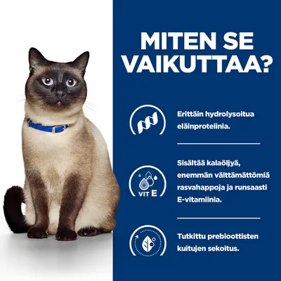 MITEN SE VAIKUTTAA? Erittäin hydrolysoitua eläinproteiinia. Sisältää kalaöljyä, enemmän välttämättömiä rasvahappoja ja runsaasti E-vitamiinia. Tutkittu prebioottisten kuitujen sekoitus.