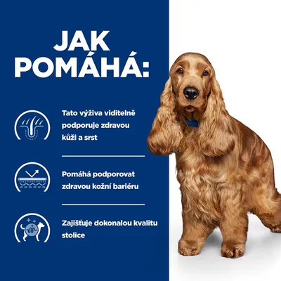 Jak pomáhá: Tato výživa viditelně podporuje zdravou kůži a srst, pomáhá podporovat zdravou kožní bariéru, zajišťuje dokonalou kvalitu stolice.