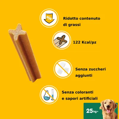 Snack per cani con ridotto contenuto di grassi, 122 Kcal per pezzo, senza zuccheri aggiunti, senza coloranti e sapori artificiali. Indicazione: 25 kg+ visibile.