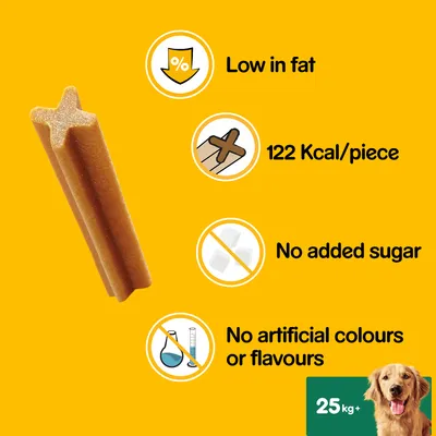 Tekst w języku angielskim: Low in fat, 122 Kcal/piece, No added sugar, No artificial colours or flavours, 25 kg+. Przysmak w kształcie gwiazdy.