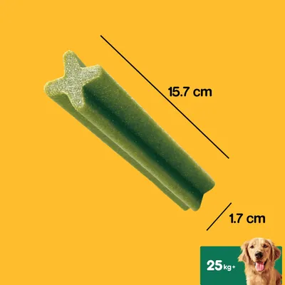 Snack verde em forma de cruz, com 15,7 cm de comprimento e 1,7 cm de largura. Ícone de cão grande com texto: 25 kg+.